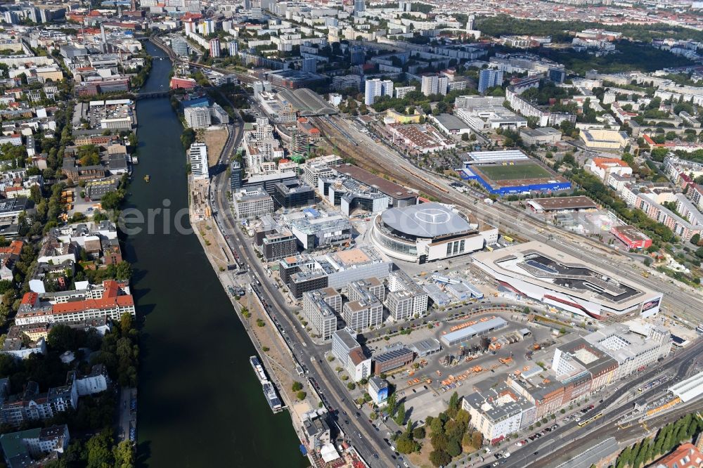 Aerial photograph Berlin - Construction sites for the new building on Anschutz- Areal along of Muehlenstrasse in the district Friedrichshain in Berlin, Germany