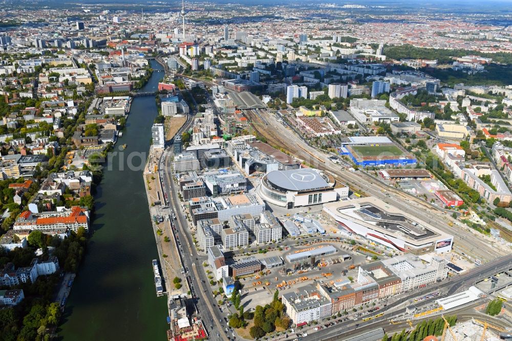 Berlin from above - Construction sites for the new building on Anschutz- Areal along of Muehlenstrasse in the district Friedrichshain in Berlin, Germany