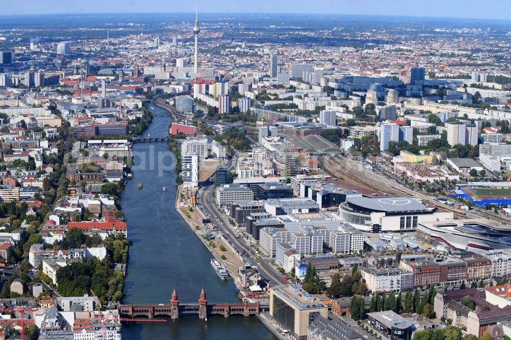 Berlin from above - Construction sites for the new building on Anschutz- Areal along of Muehlenstrasse in the district Friedrichshain in Berlin, Germany