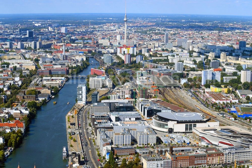 Berlin from above - Construction sites for the new building on Anschutz- Areal along of Muehlenstrasse in the district Friedrichshain in Berlin, Germany