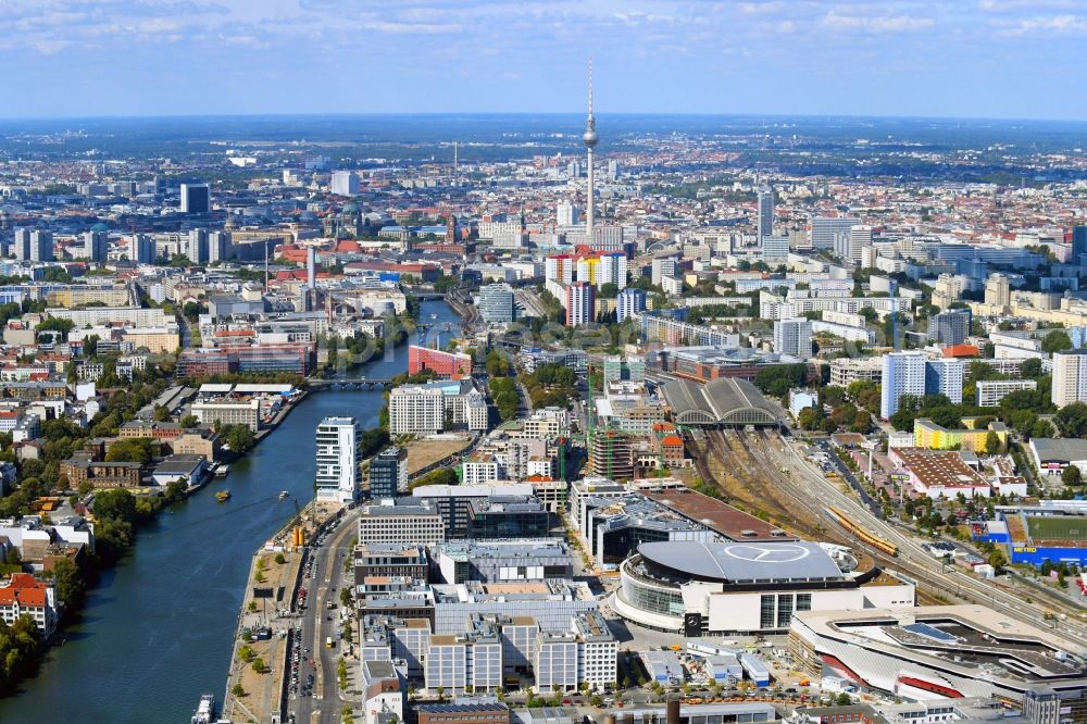 Aerial image Berlin - Construction sites for the new building on Anschutz- Areal along of Muehlenstrasse in the district Friedrichshain in Berlin, Germany