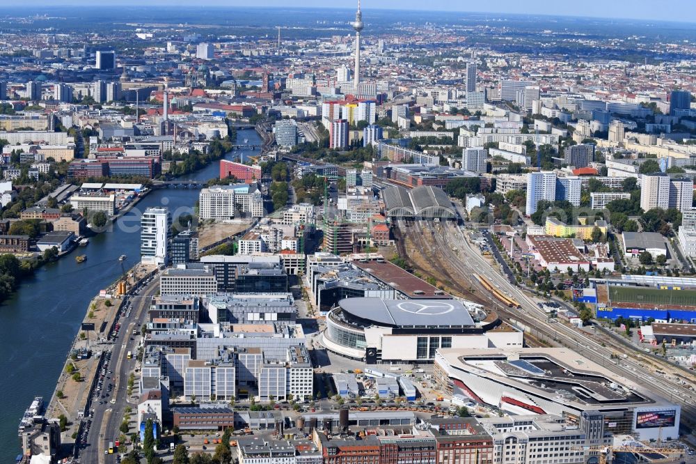 Berlin from above - Construction sites for the new building on Anschutz- Areal along of Muehlenstrasse in the district Friedrichshain in Berlin, Germany