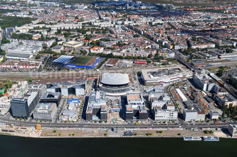 Aerial image Berlin - Construction sites for the new building on Anschutz- Areal along of Muehlenstrasse in the district Friedrichshain in Berlin, Germany