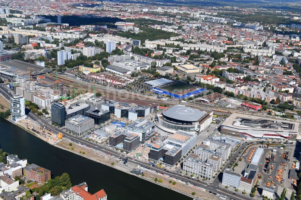 Aerial photograph Berlin - Construction sites for the new building on Anschutz- Areal along of Muehlenstrasse in the district Friedrichshain in Berlin, Germany