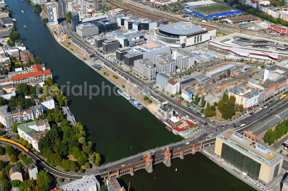 Berlin from above - Construction sites for the new building on Anschutz- Areal along of Muehlenstrasse in the district Friedrichshain in Berlin, Germany