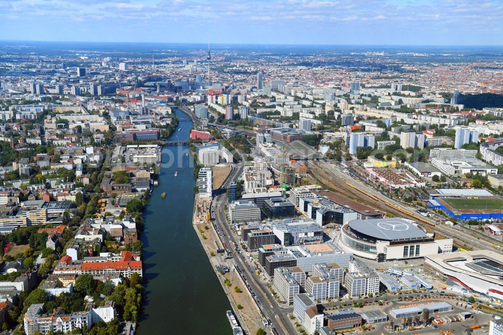 Aerial image Berlin - Construction sites for the new building on Anschutz- Areal along of Muehlenstrasse in the district Friedrichshain in Berlin, Germany