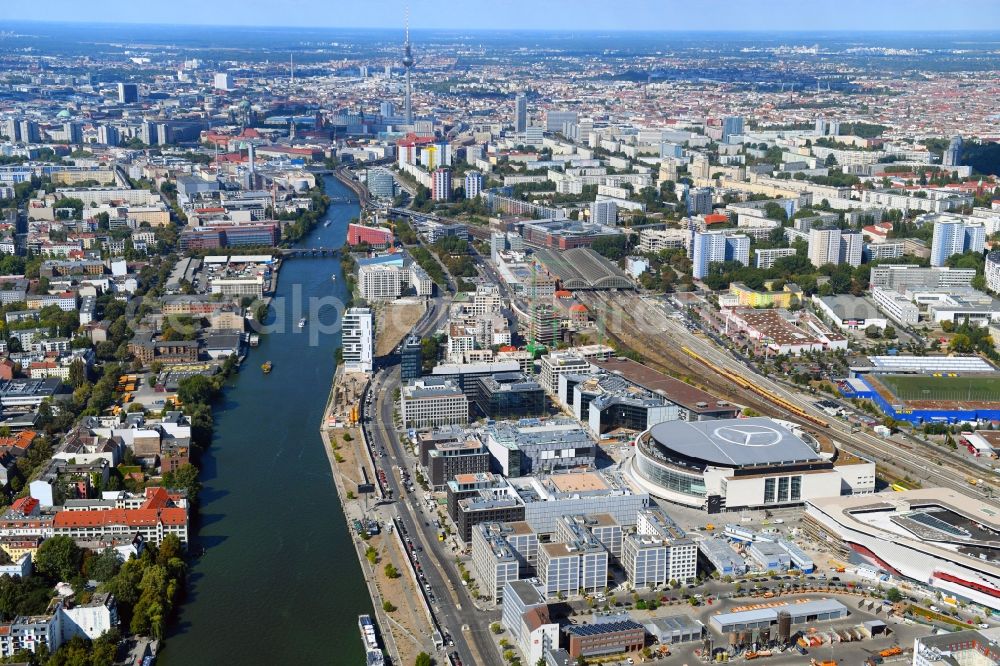 Aerial photograph Berlin - Construction sites for the new building on Anschutz- Areal along of Muehlenstrasse in the district Friedrichshain in Berlin, Germany