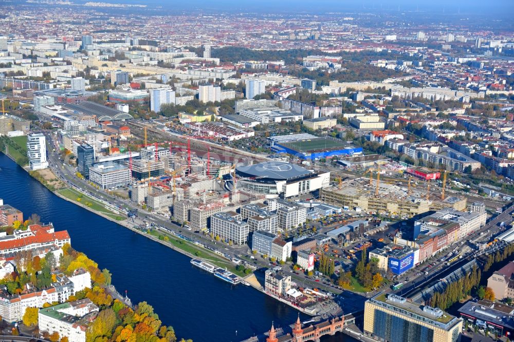 Aerial image Berlin - Construction sites for the new building on Anschutz- Areal along of Muehlenstrasse in the district Friedrichshain-Kreuzberg in Berlin, Germany