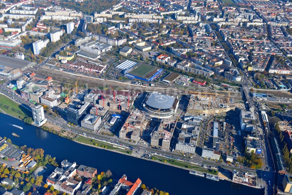 Aerial image Berlin - Construction sites for the new building on Anschutz- Areal along of Muehlenstrasse in the district Friedrichshain-Kreuzberg in Berlin, Germany