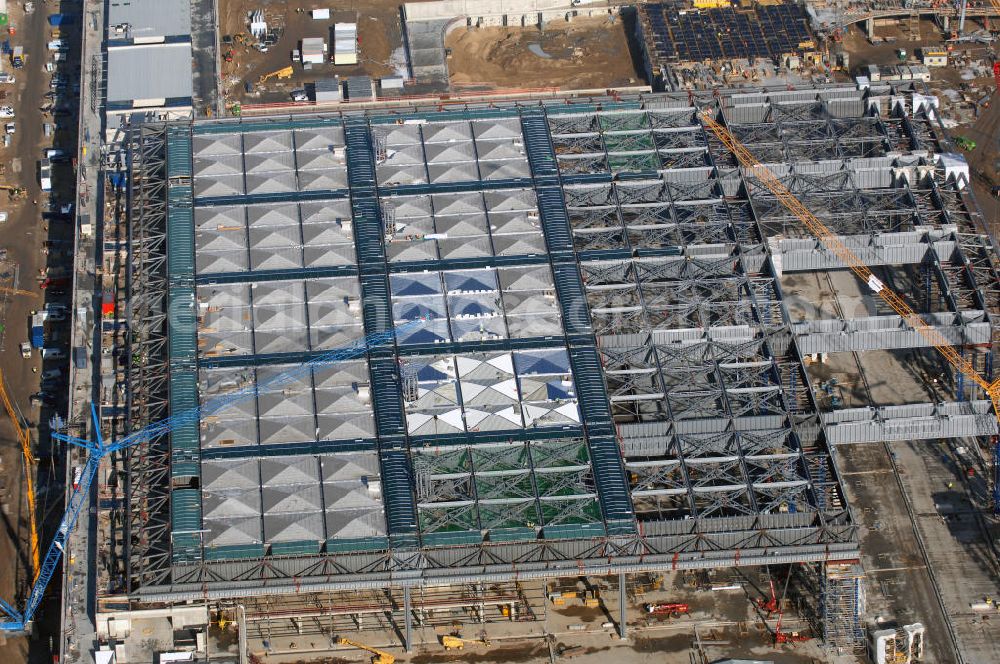 Schönefeld from above - Blick auf die Baustellen am Flughafen Berlin-Schönefeld BBI (SXF). Ausführende Firmen: Hochtief AG; EUROVIA Beton; PORR; BERGER Bau; Karl Weiss; Matthai; Schäler Bau Berlin GmbH; STRABAG; MAX BÖGL. Baustellen am Flughafen Berlin-Schönefeld BBI - Construction fields at Berlin-Schoenefeld Airport BBI.