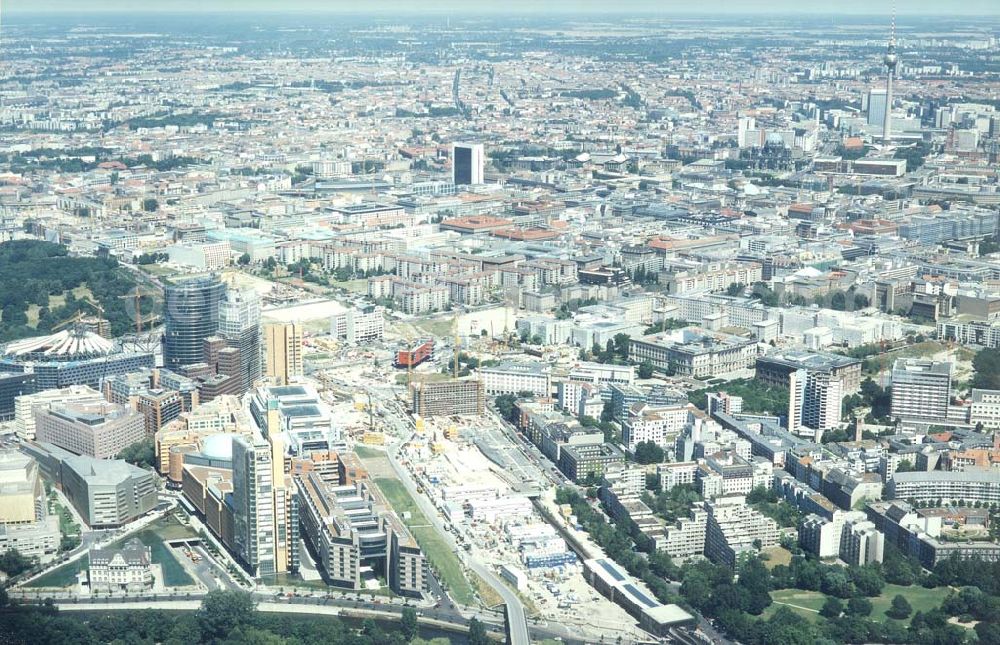 Berlin - Tiergarten from the bird's eye view: Baustellen am Potsdamer Platz in Berlin-Tiergarten.