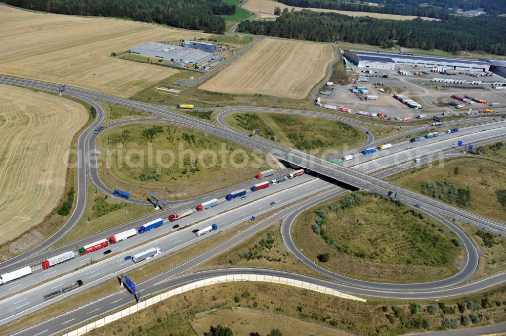 Aerial photograph Triptis - Buildings and route of the motorway A9 motorway with four lanes now. Currently, reconstruction, expansion and new construction work is underway for the six-lane expansion of Highway 9 between Triptis and Schleiz by Wayss & Freytag Ingenieurbau and EUROVIA VINCI in Thuringia