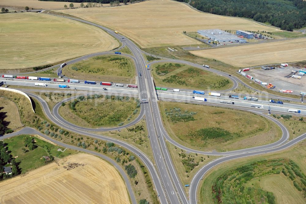 Triptis from above - Buildings and route of the motorway A9 motorway with four lanes now. Currently, reconstruction, expansion and new construction work is underway for the six-lane expansion of Highway 9 between Triptis and Schleiz by Wayss & Freytag Ingenieurbau and EUROVIA VINCI in Thuringia