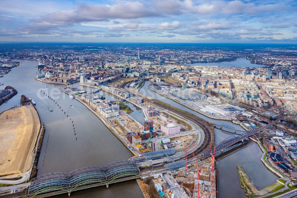 Hamburg from above - Construction sites for residential and commercial buildings in the Baakenhafen along the Baakenallee in HafenCity in Hamburg, Germany