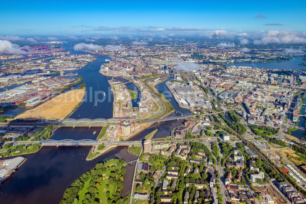 Hamburg from above - Construction sites for residential and commercial buildings in the Baakenhafen along the Baakenallee in HafenCity in Hamburg, Germany