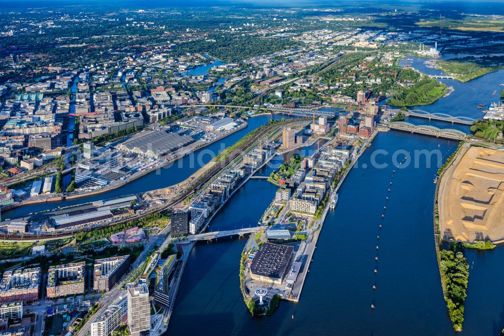 Aerial image Hamburg - Construction sites for residential and commercial buildings in the Baakenhafen along the Baakenallee in HafenCity in Hamburg, Germany