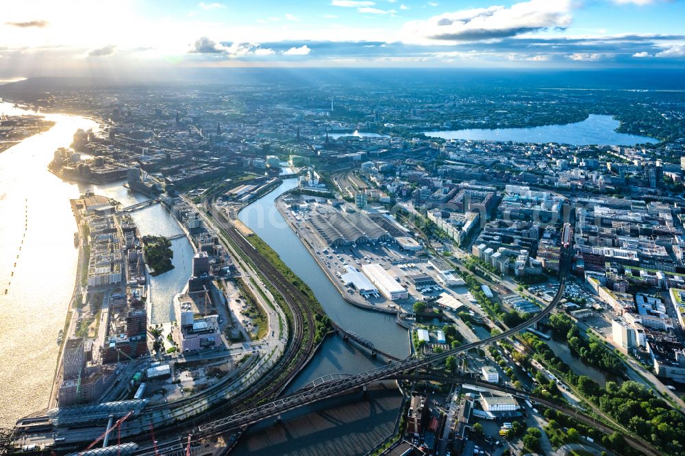 Hamburg from above - Construction sites for residential and commercial buildings in the Baakenhafen along the Baakenallee in HafenCity in Hamburg, Germany