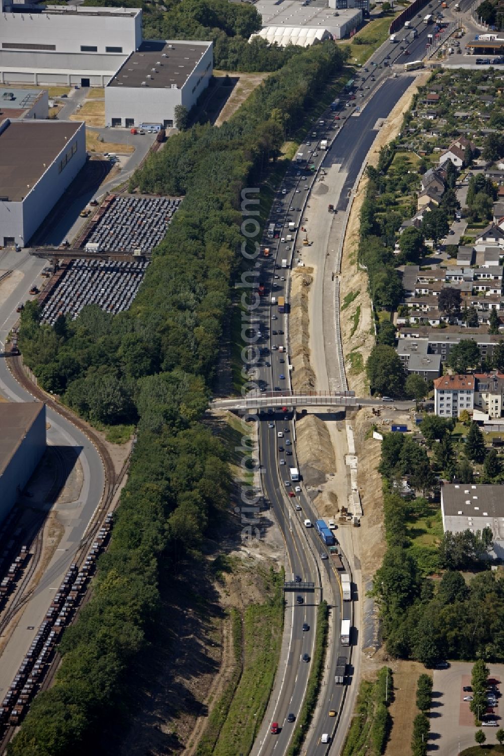 Bochum from the bird's eye view: Construction sites for the development of the route of the motorway A448 in Bochum in North Rhine-Westphalia