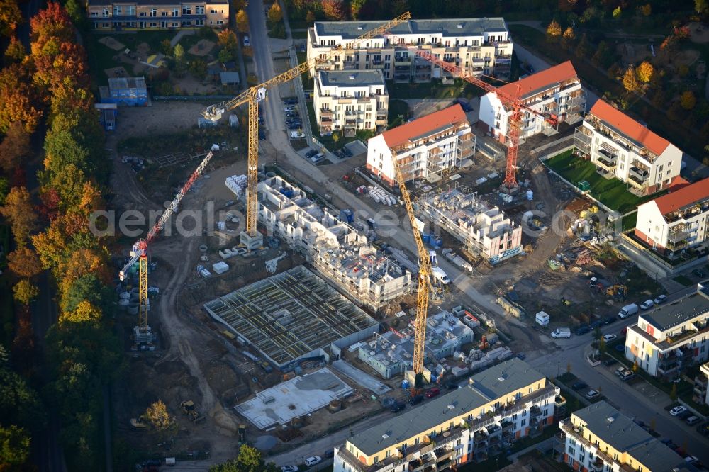 Aerial image Glienicke / Nordbahn - Construction sites for new construction of multi-family and terraced houses - new buildings in the residential area of ??the NCC GmbH in Germany in Brandenburg Glienicke