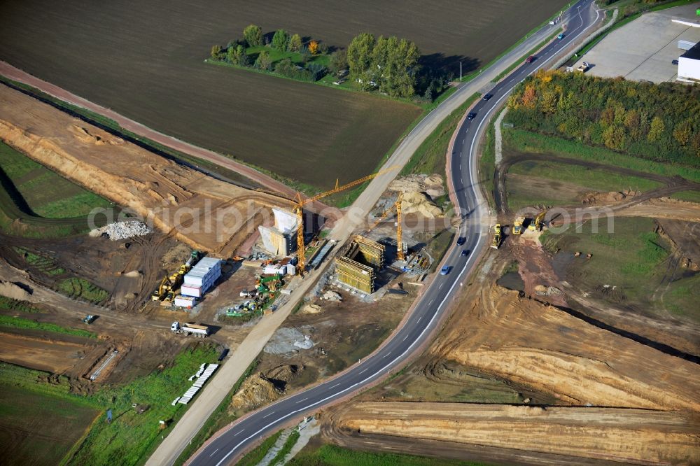 Aerial image Köthen - Construction site for the new building of the bypass Cöthen in Saxony-Anhalt