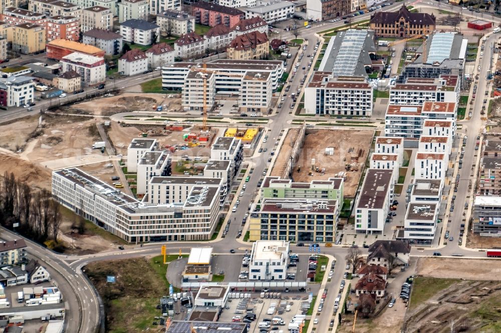 Freiburg im Breisgau from the bird's eye view: Construction site for City Quarters Building alter Gueterbahnhof in Freiburg im Breisgau in the state Baden-Wurttemberg, Germany