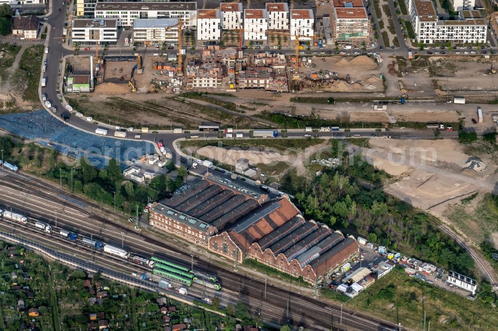 Freiburg im Breisgau from the bird's eye view: Construction site for City Quarters Building alter Gueterbahnhof in Freiburg im Breisgau in the state Baden-Wurttemberg, Germany