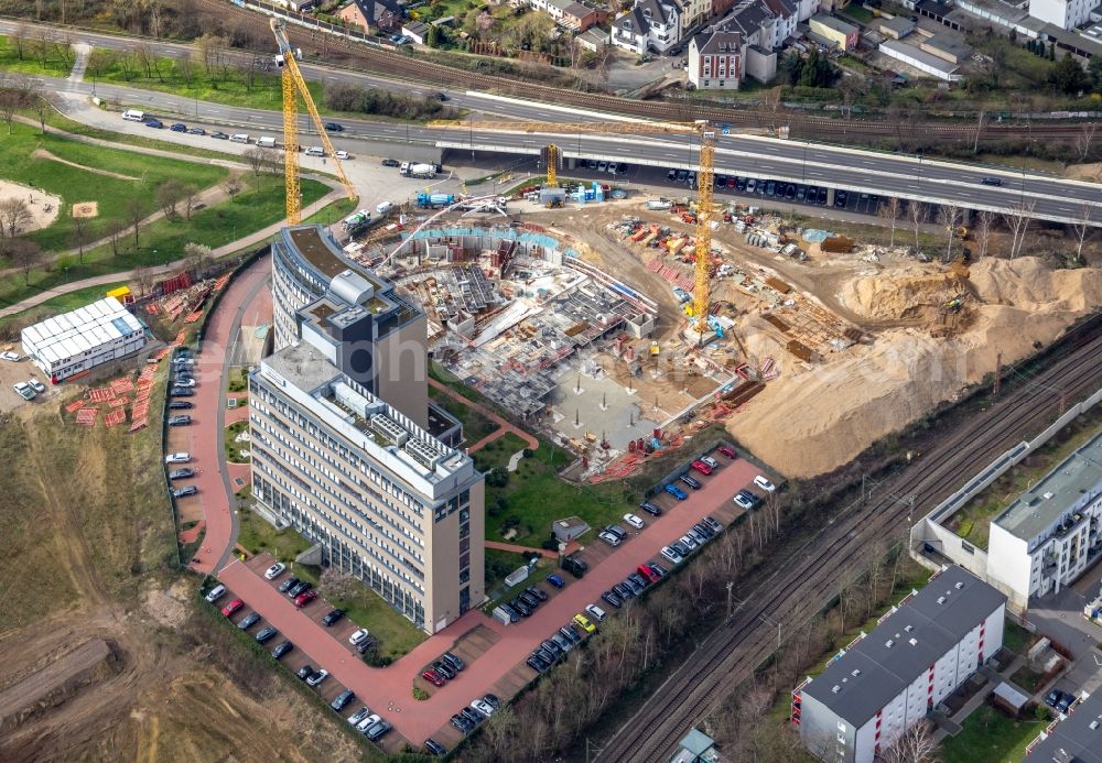 Düsseldorf from above - Construction site for City Quarters Building Arcadiaparc on Arcadiastrasse in the district Rath in Duesseldorf in the state North Rhine-Westphalia, Germany