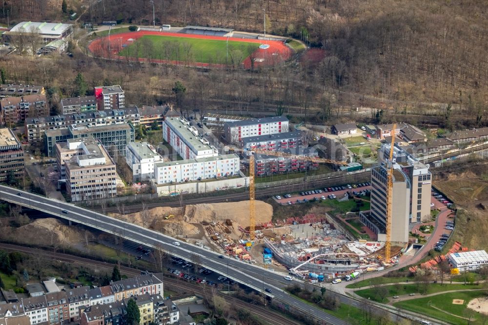 Düsseldorf from the bird's eye view: Construction site for City Quarters Building Arcadiaparc on Arcadiastrasse in the district Rath in Duesseldorf in the state North Rhine-Westphalia, Germany