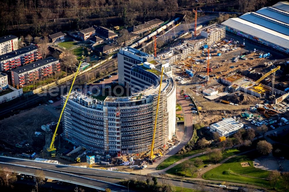 Düsseldorf from above - Construction site for City Quarters Building Arcadiaparc on Arcadiastrasse in the district Rath in Duesseldorf in the state North Rhine-Westphalia, Germany