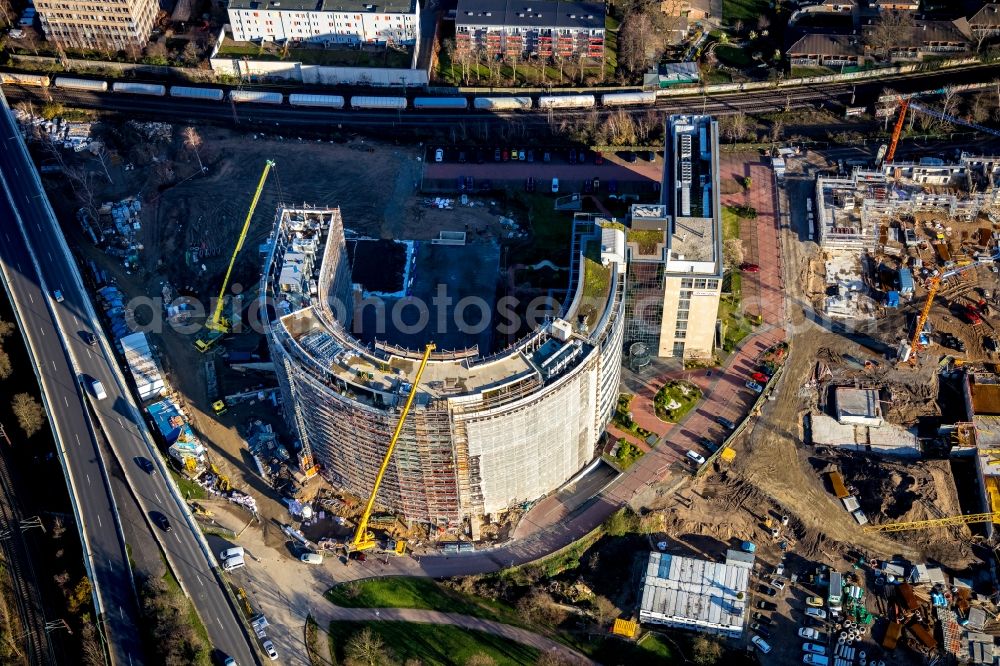 Düsseldorf from the bird's eye view: Construction site for City Quarters Building Arcadiaparc on Arcadiastrasse in the district Rath in Duesseldorf in the state North Rhine-Westphalia, Germany