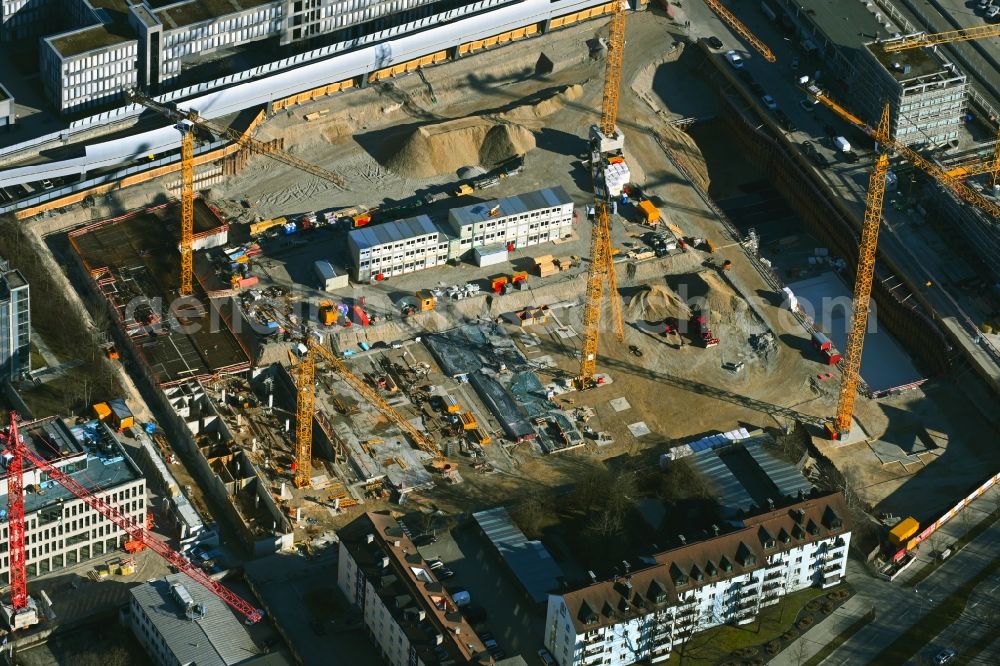 Aerial photograph München - Building ensemble construction sites for the new construction of a city quarter HOFMARK am Olympiapark on Preussenstrasse in the district Milbertshofen-Am Hart in Munich in the state Bavaria, Germany