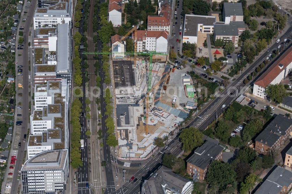 Leipzig from the bird's eye view: Construction site for City Quarters Building of Prager RiebECK on Prager Strasse corner Riebeckstrasse in the district Thonberg in Leipzig in the state Saxony, Germany