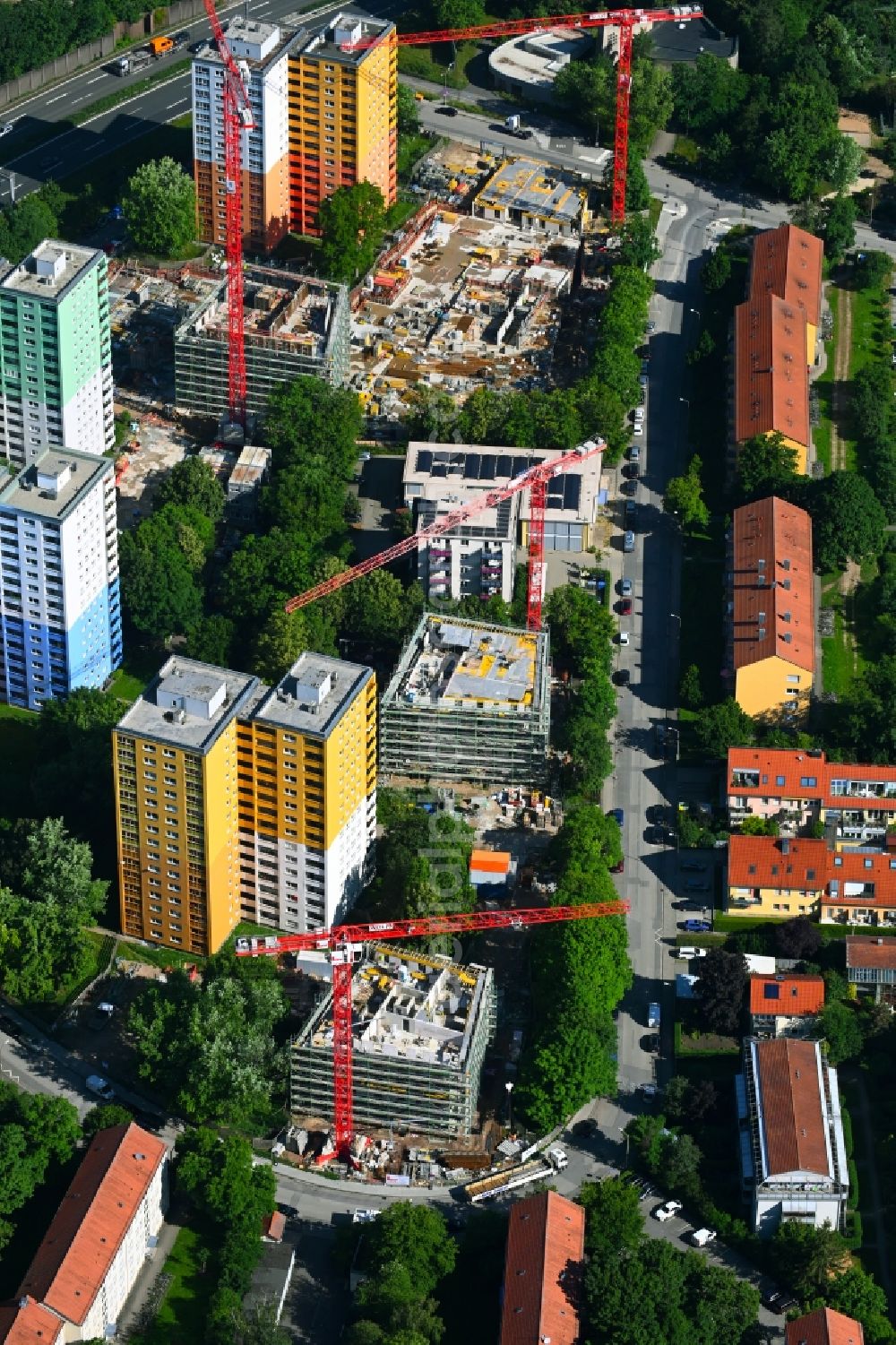 Erlangen from above - Construction site for City Quarters Building Quartier Isarring on the Isar road in Erlangen in the state Bavaria, Germany