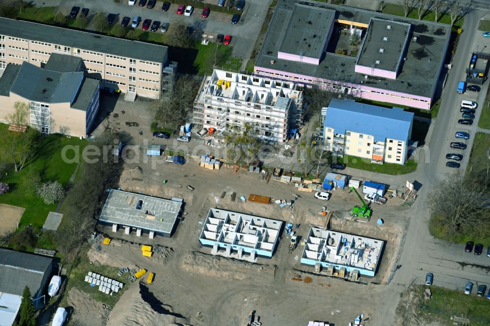 Schwedt/Oder from the bird's eye view: Construction site for City Quarters Building Regattastrasse - Berliner Strasse in Schwedt/Oder in the state Brandenburg, Germany