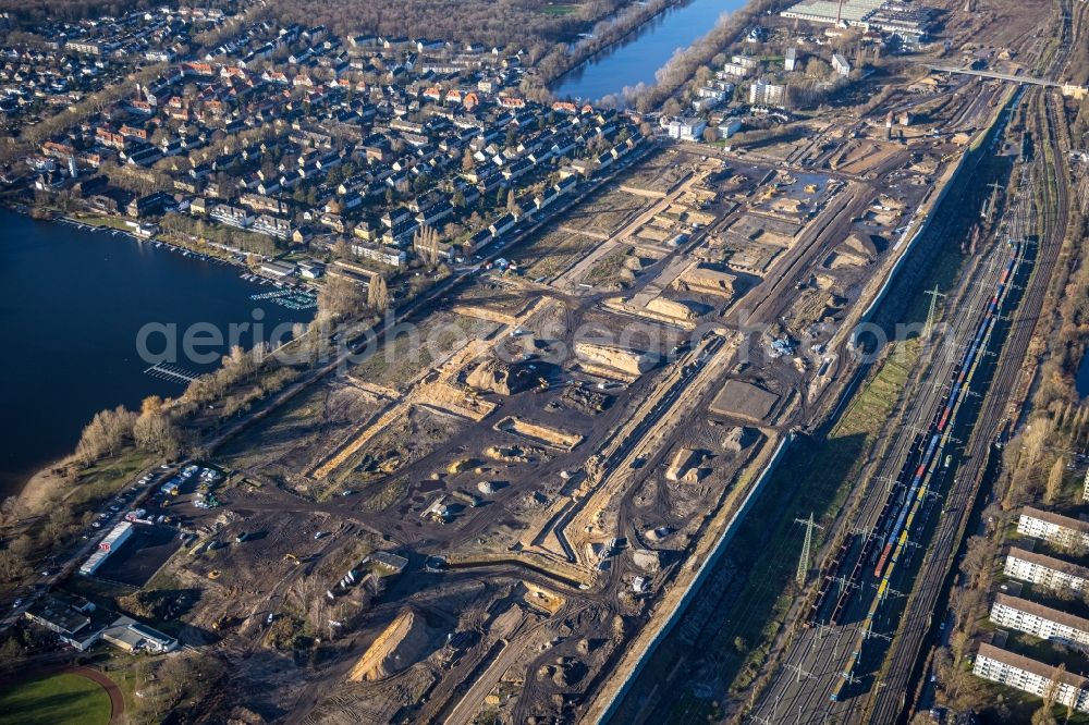 Aerial image Duisburg - Construction site for City Quarters Building 6 Seen Wedau a?? Wohnen on Wasser in the district Wedau in Duisburg at Ruhrgebiet in the state North Rhine-Westphalia, Germany