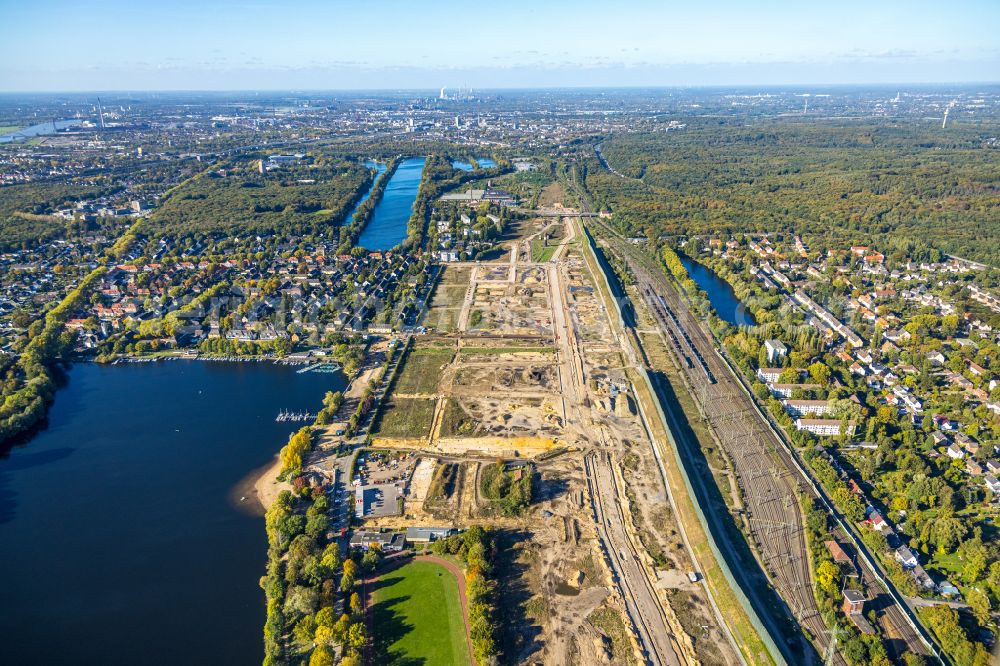 Aerial image Duisburg - Construction site for City Quarters Building 6 Seen Wedau a?? Wohnen on Wasser in the district Wedau in Duisburg at Ruhrgebiet in the state North Rhine-Westphalia, Germany