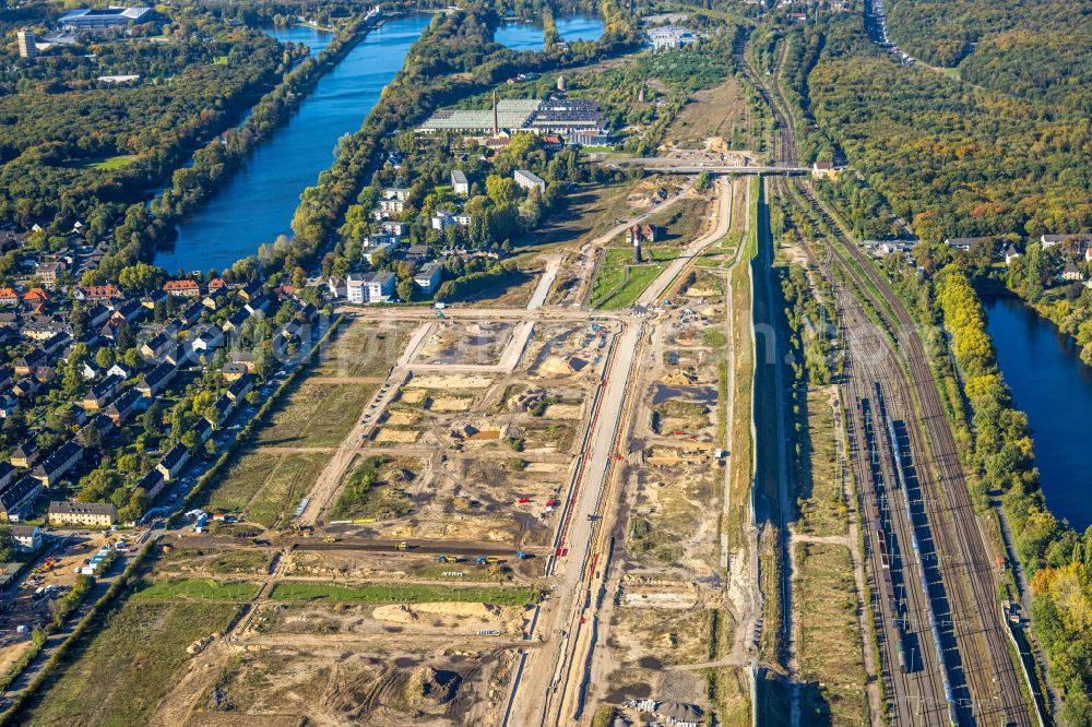 Duisburg from above - Construction site for City Quarters Building 6 Seen Wedau a?? Wohnen on Wasser in the district Wedau in Duisburg at Ruhrgebiet in the state North Rhine-Westphalia, Germany