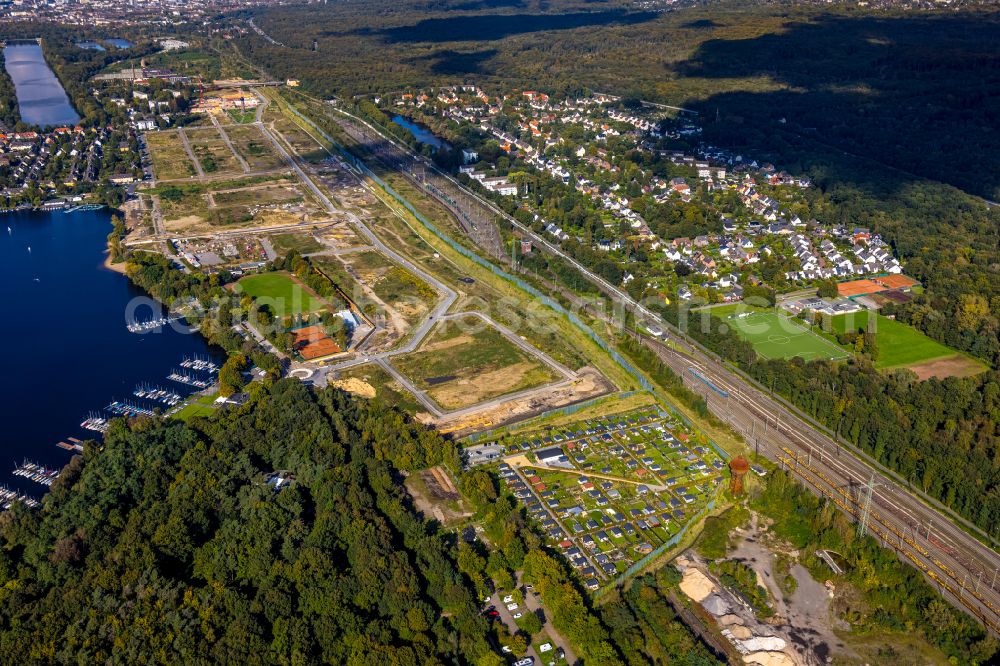 Aerial image Duisburg - construction site for City Quarters Building 6 Seen Wedau - Wohnen am Wasser in the district Wedau in Duisburg at Ruhrgebiet in the state North Rhine-Westphalia, Germany