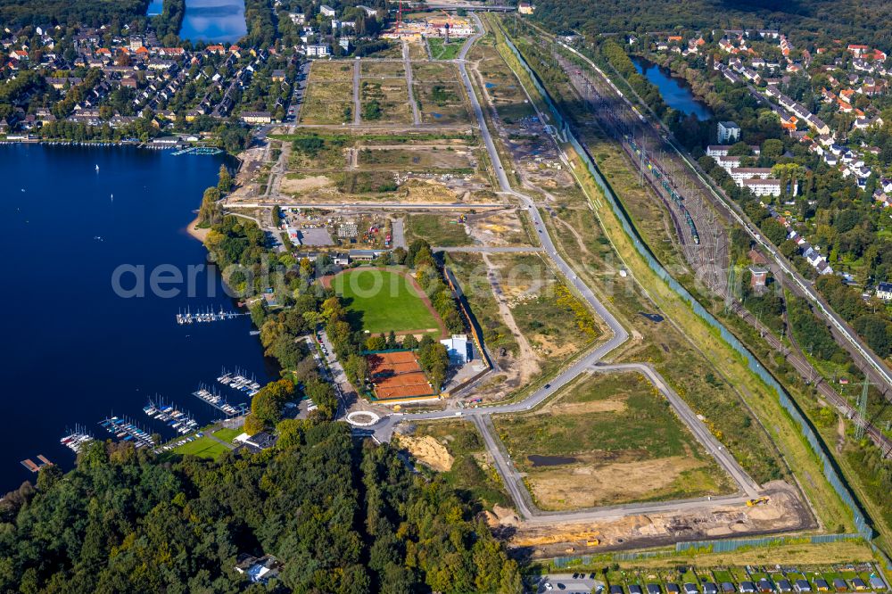 Aerial photograph Duisburg - construction site for City Quarters Building 6 Seen Wedau - Wohnen am Wasser in the district Wedau in Duisburg at Ruhrgebiet in the state North Rhine-Westphalia, Germany