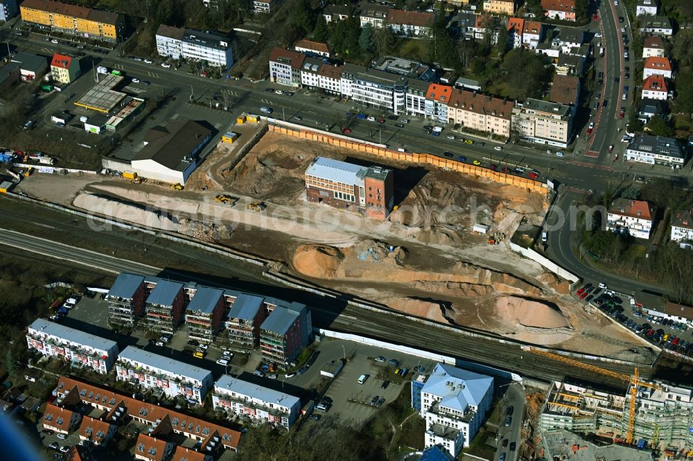 Nürnberg from the bird's eye view: Construction site for city quarters building on the premises of the former Bundesmonopolverwaltung fuer Branntwein - Branntweinareal Aeussere Sulzbacher Strasse in the district Sankt Jobst in Nuremberg in the state Bavaria, Germany