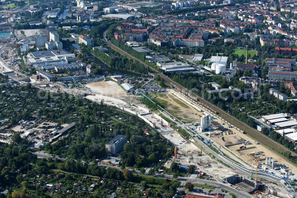 Aerial image Berlin - Civil engineering construction sites for the new construction of the tunnels to extend the city autobahn - federal autobahn BAB A100 in Berlin, Germany