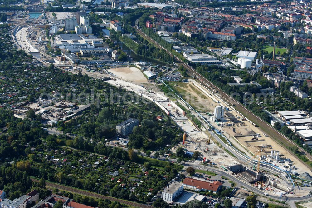 Aerial photograph Berlin - Civil engineering construction sites for the new construction of the tunnels to extend the city autobahn - federal autobahn BAB A100 in Berlin, Germany