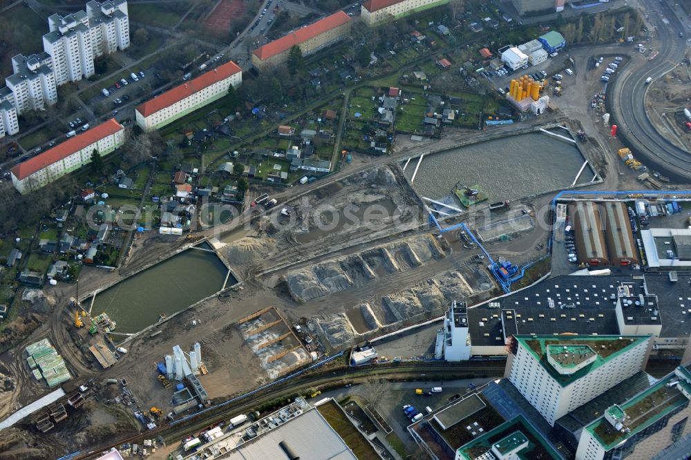 Berlin Neukölln from the bird's eye view: Civil engineering construction sites for construction of the extension of the urban motorway - Autobahn Autobahn A100 in Berlin Neukoelln