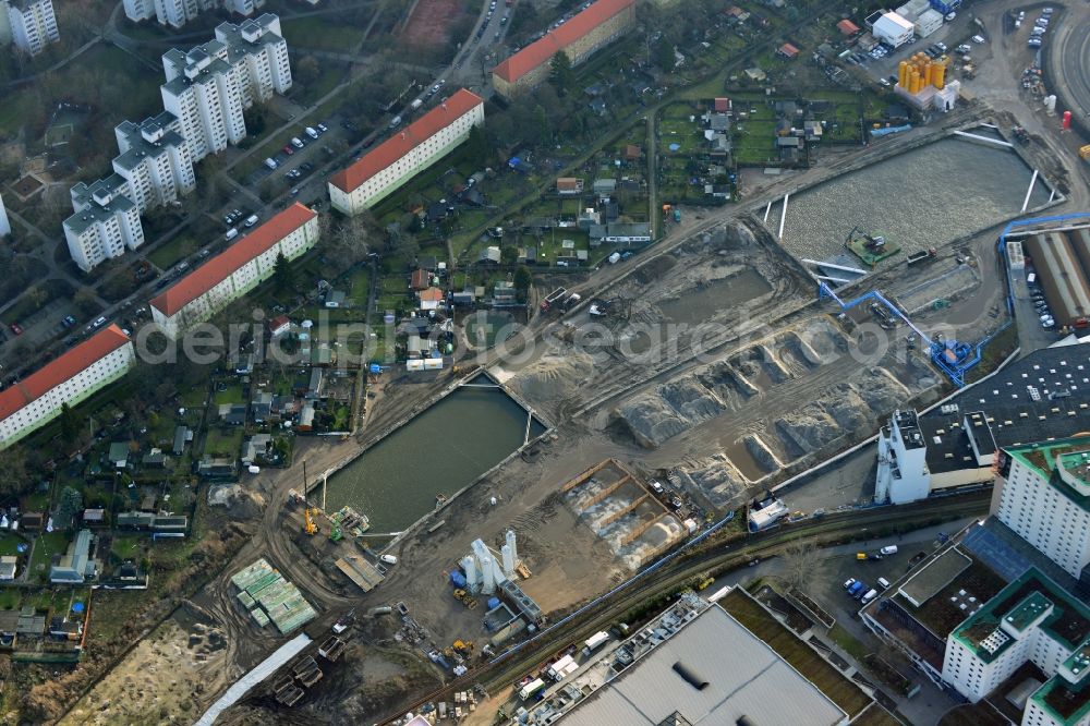 Aerial image Berlin Neukölln - Civil engineering construction sites for construction of the extension of the urban motorway - Autobahn Autobahn A100 in Berlin Neukoelln