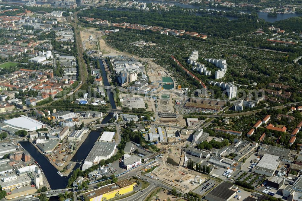 Aerial image Berlin - Civil engineering construction sites for construction of the extension of the urban motorway - Autobahn Autobahn A100 in Berlin Neukoelln