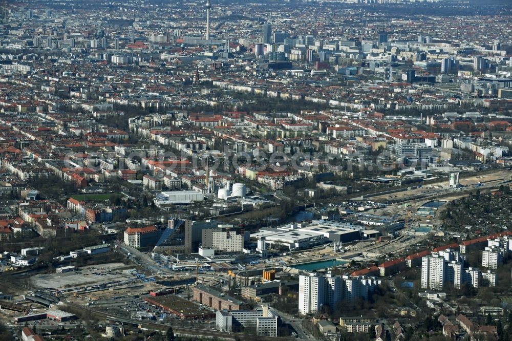 Berlin from above - Civil engineering construction sites for construction of the extension of the urban motorway - Autobahn Autobahn A100 in Berlin Neukoelln