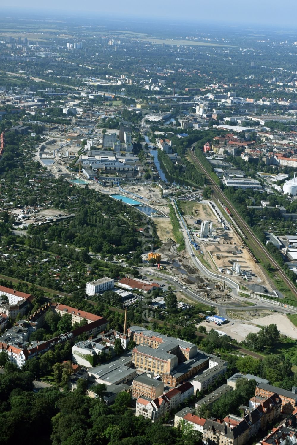 Berlin from above - Civil engineering construction sites for construction of the extension of the urban motorway - Autobahn Autobahn A100 in Berlin Neukoelln