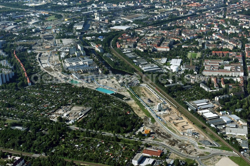 Aerial image Berlin - Civil engineering construction sites for construction of the extension of the urban motorway - Autobahn Autobahn A100 in Berlin Neukoelln