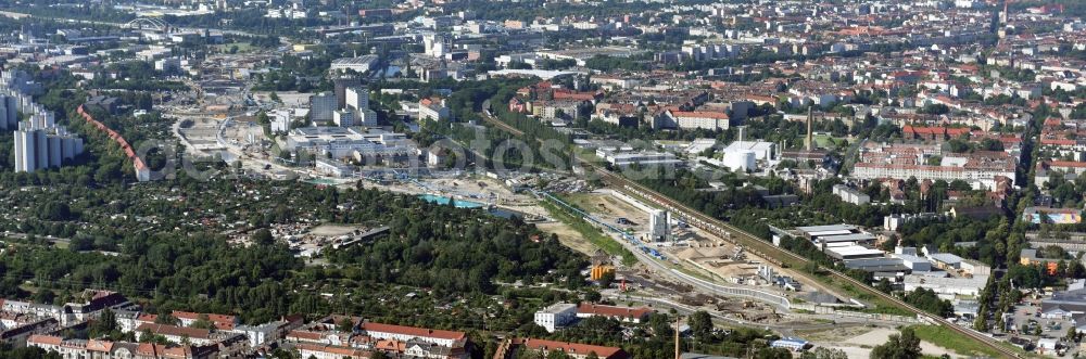 Aerial image Berlin - Civil engineering construction sites for construction of the extension of the urban motorway - Autobahn Autobahn A100 in Berlin Neukoelln