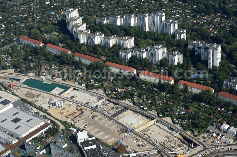 Berlin from above - Civil engineering construction sites for construction of the extension of the urban motorway - Autobahn Autobahn A100 in Berlin Neukoelln